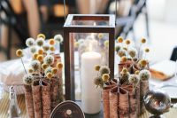 a whimsical fall wedding centerpiece of billy balls, seed pods, a candle lantern and bark vases is a lovely idea
