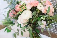 07 a lovely wedding bouquet of white and pink ranunculus, greenery is a chic and lovely idea for a romantic wedding