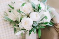 27 a white peony wedding bouquet with some greenery is a fresher idea than just peonies and it looks cuter and more modern