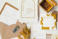 a beautiful abstract wedding invitation suite with a peachy envelope, mustard and gold touches, a raw edge is a lovely idea for a modern wedding