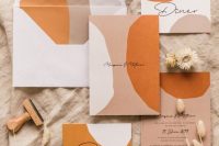 a beautiful boho abstract wedding stationery suite in grey, white, rust, blush and with delicate calligraphy is a gorgeous idea for a fall wedding