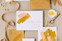 a bold fall wedding invitation suite with mustard and pink abstract touches, with lovely calligraphy and a raw edge