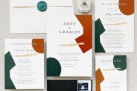 a bold modern abstract wedding invitation suite with rust, emerald and tan touches, with gold and black lettering