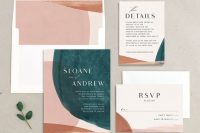 a bold wedding invitaiton suite with pink, teal, rust touches and abstract patterns plus modern black lettering