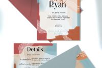 a bright modern abstract wedding invitation suite in pale blue, purple, rust and blush touches and black lettering