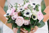 a chic wedding bouquet of pink peonies, white anemones and eucalyptus is timeless classics for spring or summer