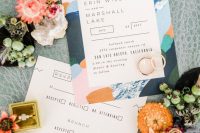 a colorful wedding invitation in pink, green, blue, rust, with abstract touches inspired by the jungle