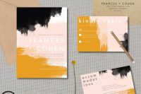 a colorful wedding invitation suite with mustard, black, blush touches and chic modern lettering is a cool solution for a bold wedding