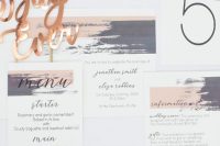 a contemporary wedding invitation suite with lilac and blush touches, with black calligraphy and a number