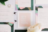 a lovely modern summer wedding invitation suite with purple, green and pink abstract prints is a fun idea for your wedding