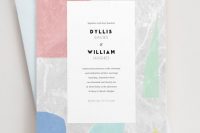 a modern abstract terrazzo inspired wedding invitation set with pink, blue and turquoise touches is a lovely idea for a modern wedding
