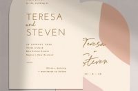 a stylish and refined abstract wedding invitations with blush and peachy pink touches, with an curved edge and godl calligraphy