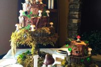 enchanted forest wedding cakes with sugar bark, mushrooms, greenery and tree stumps covered with moss
