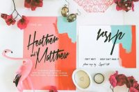 super bold and elegant abstract wedding invitations in white, red, pink and mint green, with black calligraphy for a summer wedding