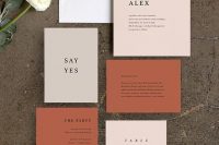 02 a stylish and bold modern fall wedding invitation suite in blush and rust, with cool printing is a chic idea