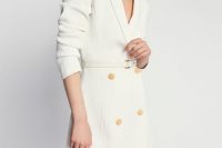 03 a white blazer as a mini wedding dress with gold buttons and a belt is a lovely idea for any casual wedding