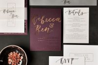 04 elegant and bold modern wedding stationery in deep purple, white and grey, with cool calligraphy and copper foil