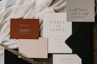 05 a stylish and cool modern fall wedding invitation suite with blush, black, rust and grey cards, black envelopes and calligraphy
