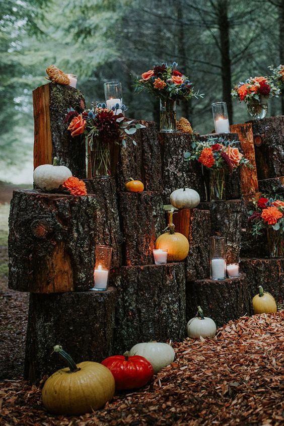 a cool backyard fall wedding space with a backdrop made of tree stumps, pumpkins, candles and bold blooms and greenery
