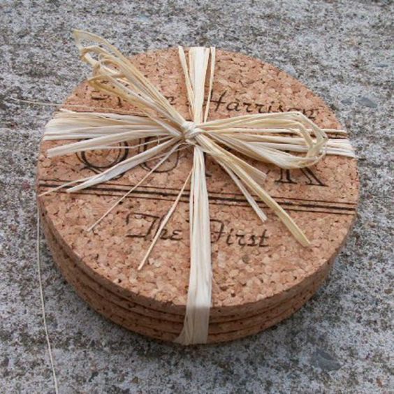 monogrammed cork wedding coasters are amazing for eco-friendly weddings and they can be used by many guests, if not all of them