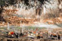 30 a modern moody fall wedding tablescape with tall candles, bright blooms and air plants, black plates and vases plus gilded and black candlesticks