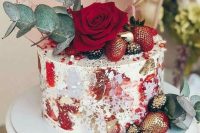 32 a gorgeous modern fall wedding cake with bright abstract brushstrokes, gold splashes, a red rose, blackberries, strawberries and pink shards