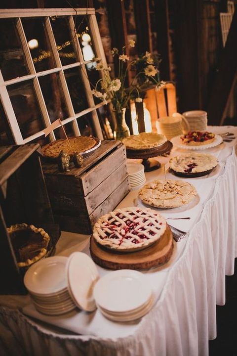 homemade pies are a delicious and cool alternative to a usual wedding cake at a rustic wedding in any season