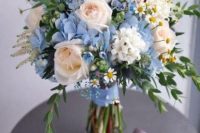 a blush and blue wedding bouquet with roses, hydrangeas, daisies, greenery and other stuff is a very lovely idea
