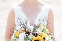 a chic wedding bouquet with sunflowers, succulents, white and deep purple blooms, greenery is a lovely idea for every bride