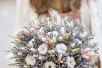 a cute wedding bouquet composed of lavender, cotton, wheat, bunny tails and with pink ribbons is a very cool idea
