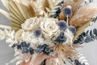 a dreamy wedding bouquet with dried fronds, blue eucalyptus, allium, bunny tails, roses and grasses is a amazing for spring or summer