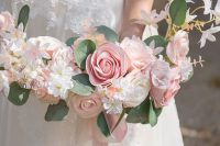 a lovely hoop wedding bouquet of white and blush blooms, greenery is a chic idea for a romantic bride or bridesmaid