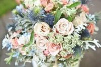 a pretty wedding bouquet of pink roses, thistles, greenery and pale leaves is a chic idea for a spring or summer bride