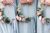 chic pastel hoop wedding bouquets with pastel and white blooms and greenery are great for being carried by bridesmaids