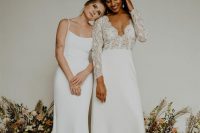 a lovely trumpet plain wedding dress on spaghetti straps and with a long train is a cool idea for a modern or minimalist bride