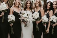 black slip maxi bridesmaid dresses with V-necklines are amazing for a bold fall or winter wedding