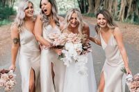 comfy and cool neutral slip midi bridesmaid dresses with front slits and V-necklines plus nude heels for a spring or summer wedding