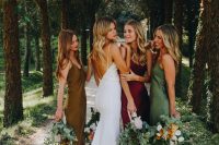 cool mustard, green and burgundy slip midi bridesmaid dresses are amazing for a bright fall wedding, it’s a cool and bold idea