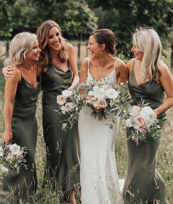 dark green maxi and midi silk slip bridesmaid dresses are a bold and cool idea that never goes out of style