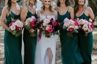 emerald green midi bridesmaid dresses with scoop necklines and nude heels are great for a fall wedding