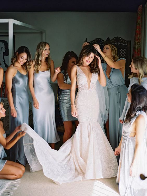 light-blue bridesmaid dresses including slip midi and maxi ones will make your bridal party look eye-catchy and very fresh