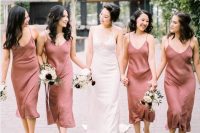 rust to pink midi slip bridesmaid dresses with V-necklines are amazing for a summer to fall or just autumn wedding