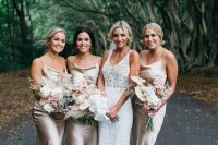 very elegant pearly slip midi bridesmaid dresses with cown neckls and lace up block heels are amazing for spring or summer