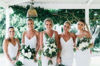 white slip midi bridesmaid dresses plus nude shoes are a cool and chic combo and the gals won’t overheat in such flowy dresses