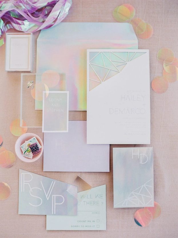 a bold iridescent wedding invitation suit with geo details is a fantastic idea for such a wedding, it's chic and cool