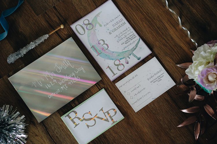 a holographic wedding invitation suite with a half moon is a lovely idea for a modern iridescent wedding