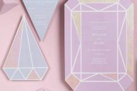 06 lovely lilac, blue, gold and pink wedding invitations shaped in a geometric way are perfect for an iridescent wedding