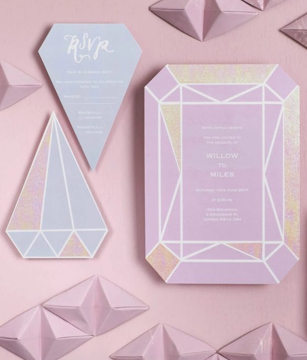 lovely lilac, blue, gold and pink wedding invitations shaped in a geometric way are perfect for an iridescent wedding