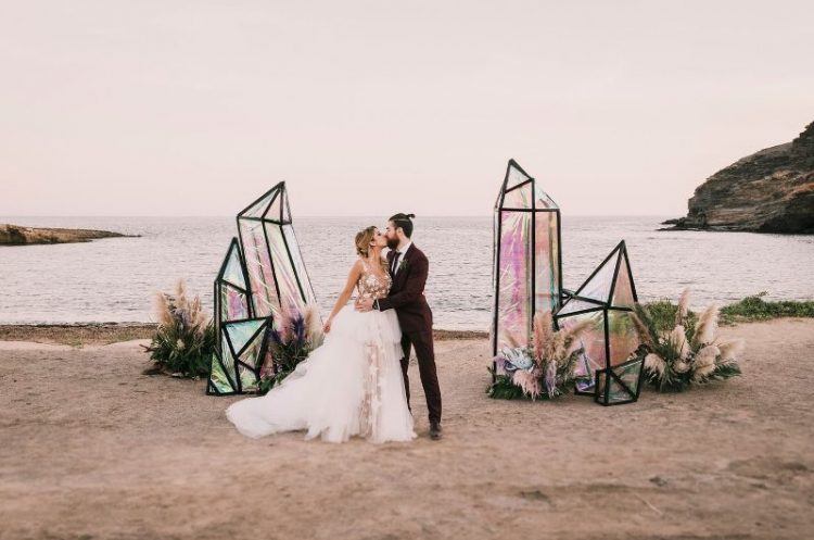 a bold geometric wedding altar
