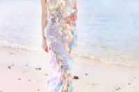 21 an iridescent fitting wedding dress with spaghetti straps is a cool idea for a coastal or beach wedding